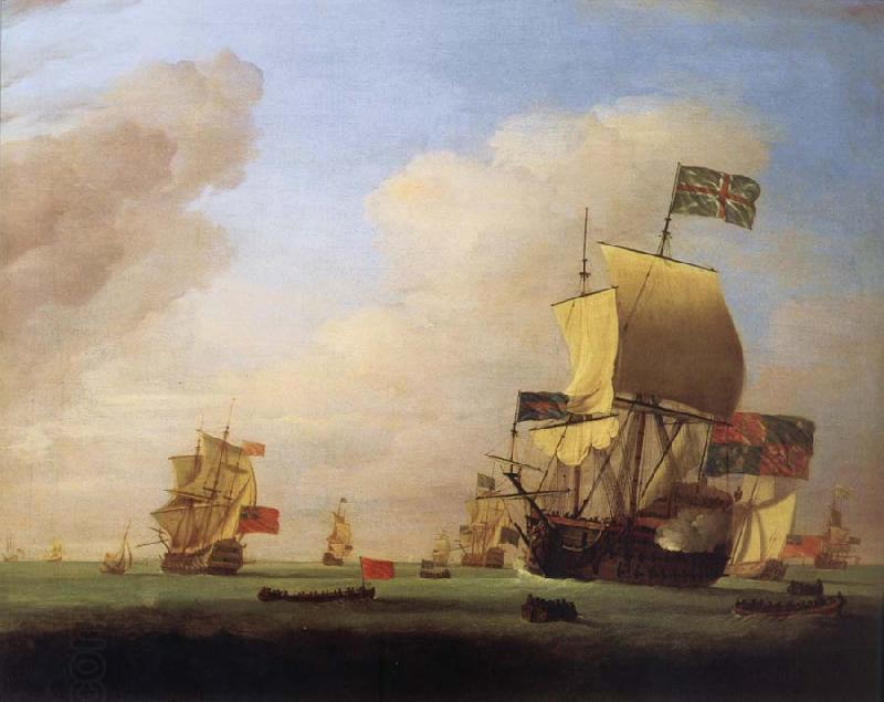 Monamy, Peter Flagship of Sir John Leake,coming to anchor in the bay of Barcelona oil painting picture